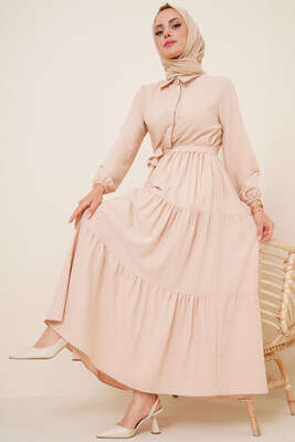 Patlı Dokuma Terikoton Elbise Bej - Thumbnail