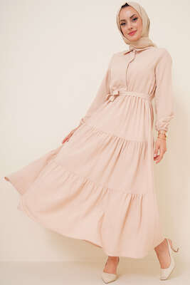 Patlı Dokuma Terikoton Elbise Bej - Thumbnail