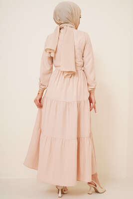 Patlı Dokuma Terikoton Elbise Bej - Thumbnail