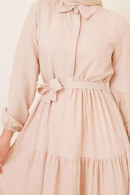 Patlı Dokuma Terikoton Elbise Bej - Thumbnail