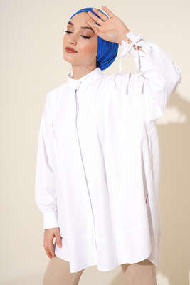 Kolu İp Bağlamalı Yırtmaçlı Tunik Beyaz - Thumbnail