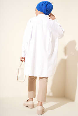 Kolu İp Bağlamalı Yırtmaçlı Tunik Beyaz - Thumbnail