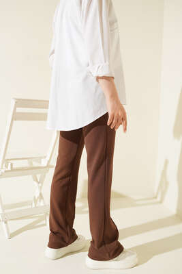 Tek Düğmeli Çımalı Pantolon Kahve - Thumbnail