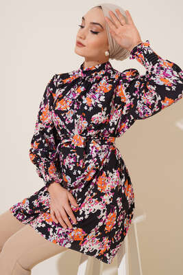 Karma Desen Balon Kol Kuşaklı Tunik Siyah Oranj - Thumbnail