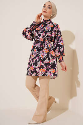 Karma Desen Balon Kol Kuşaklı Tunik Siyah Oranj - Thumbnail