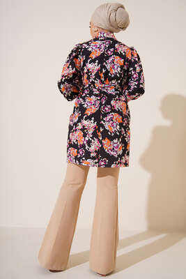 Karma Desen Balon Kol Kuşaklı Tunik Siyah Oranj - Thumbnail