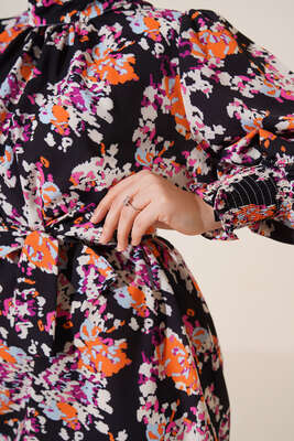 Karma Desen Balon Kol Kuşaklı Tunik Siyah Oranj - Thumbnail