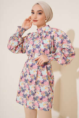 Karma Desen Balon Kol Kuşaklı Tunik Pembe - Thumbnail