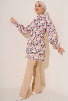 Karma Desen Balon Kol Kuşaklı Tunik Pembe - Thumbnail