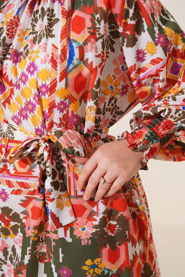 Karma Desen Balon Kol Kuşaklı Tunik Haki Oranj - Thumbnail