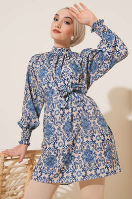 Karma Desen Balon Kol Kuşaklı Tunik Bej İndigo - Thumbnail