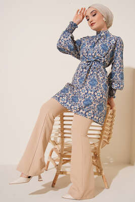 Karma Desen Balon Kol Kuşaklı Tunik Bej İndigo - Thumbnail