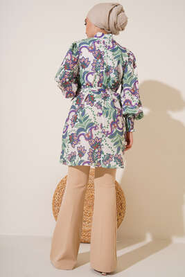 Karma Desen Balon Kol Kuşaklı Tunik Lila Yeşil - Thumbnail