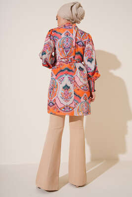 Karma Desen Balon Kol Kuşaklı Tunik Oranj - Thumbnail
