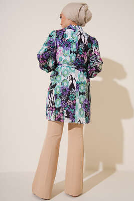 Karma Desen Balon Kol Kuşaklı Tunik Mor - Thumbnail