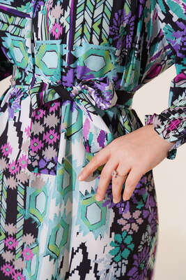 Karma Desen Balon Kol Kuşaklı Tunik Mor - Thumbnail