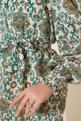 Karma Desen Balon Kol Kuşaklı Tunik Yeşil - Thumbnail