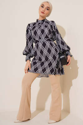 Karma Desen Balon Kol Kuşaklı Tunik Siyah Beyaz - Thumbnail