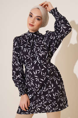 Karma Desen Balon Kol Kuşaklı Tunik Siyah - Thumbnail