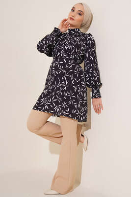 Karma Desen Balon Kol Kuşaklı Tunik Siyah - Thumbnail