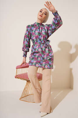 Karma Desen Balon Kol Kuşaklı Tunik Fusya - Thumbnail