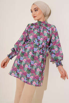 Karma Desen Balon Kol Kuşaklı Tunik Fusya - Thumbnail