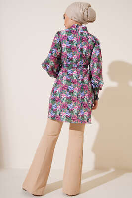 Karma Desen Balon Kol Kuşaklı Tunik Fusya - Thumbnail