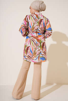 Karma Desen Balon Kol Kuşaklı Tunik Camel - Thumbnail