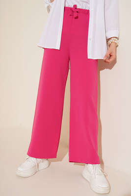 Salaş Beli İp Bağlamalı Keten Pantolon Fusya - Thumbnail