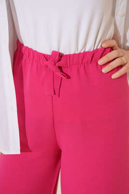 Salaş Beli İp Bağlamalı Keten Pantolon Fusya - Thumbnail