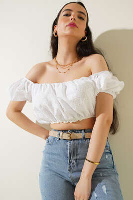 Pazarium - Fistolu Straplez Crop Ekru