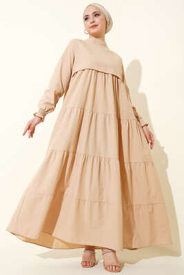 Pazarium - Katlı Model Bej Elbise