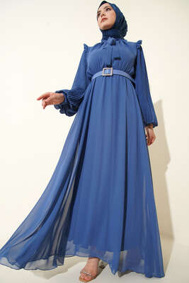 Kolları Piliseli Elbise İndigo - Thumbnail