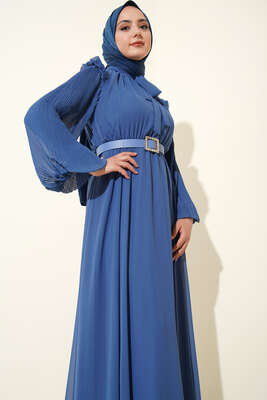 Kolları Piliseli Elbise İndigo - Thumbnail