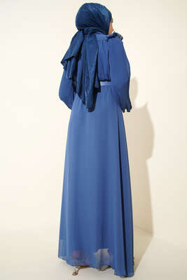 Kolları Piliseli Elbise İndigo - Thumbnail