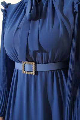 Kolları Piliseli Elbise İndigo - Thumbnail