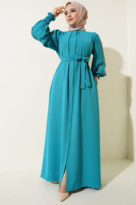 Kolları Taşlı Kuşaklı Elbise Mint - Thumbnail