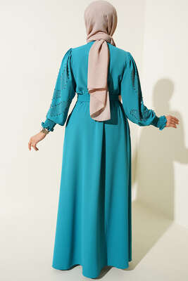 Kolları Taşlı Kuşaklı Elbise Mint - Thumbnail