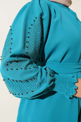 Kolları Taşlı Kuşaklı Elbise Mint - Thumbnail