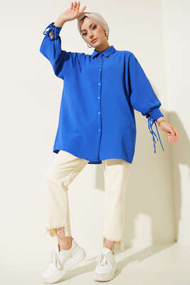 Manşetleri Bağcıklı Ayrobin Gömlek Saks - Thumbnail