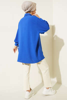 Manşetleri Bağcıklı Ayrobin Gömlek Saks - Thumbnail