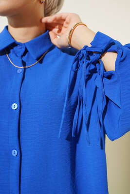 Manşetleri Bağcıklı Ayrobin Gömlek Saks - Thumbnail