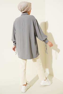 Manşetleri Bağcıklı Ayrobin Gömlek Gri - Thumbnail