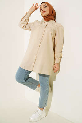 Parlak Taş Süsleme Detaylı Tunik Bej - Thumbnail