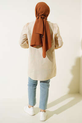 Parlak Taş Süsleme Detaylı Tunik Bej - Thumbnail