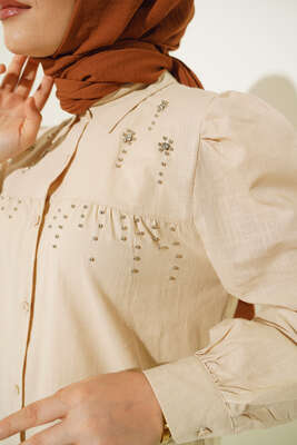 Parlak Taş Süsleme Detaylı Tunik Bej - Thumbnail