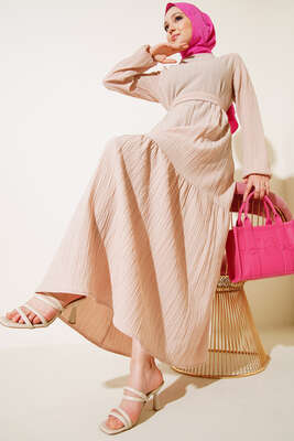 Kol Lastikli Bel Kuşaklı Elbise Bej - Thumbnail