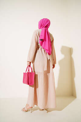 Kol Lastikli Bel Kuşaklı Elbise Bej - Thumbnail