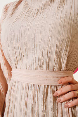 Kol Lastikli Bel Kuşaklı Elbise Bej - Thumbnail