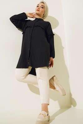 Ön Kol Fırfırlı Gömlek Siyah - Thumbnail